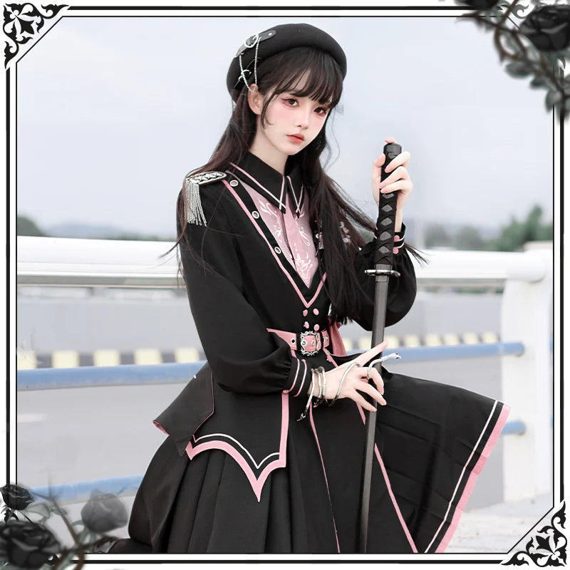 Chunlv Dark Pink Military Lolita OP Dress and Cloak - image 10