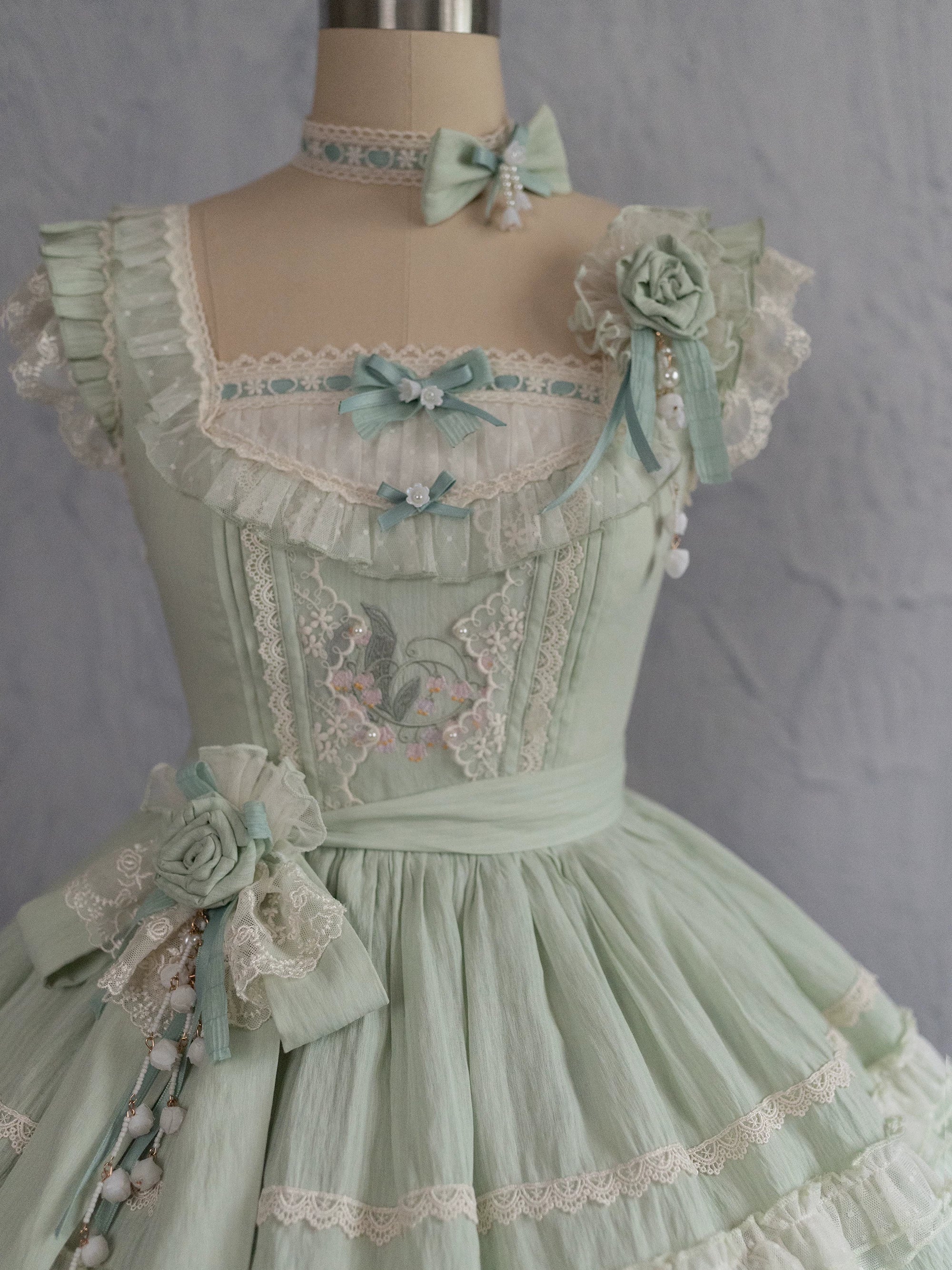Lily of the Valley Lamb - Classic Lolita Tiered Hem JSK Dress with Embroidery - image 9