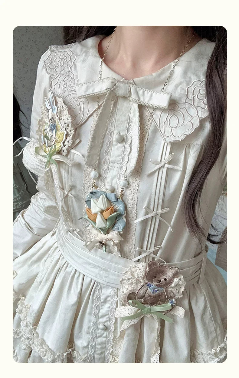 Flower Rabbit Bear - Country Lolita Tiered Skirt Dress, Floral & Bear Print and Accessories - image 19