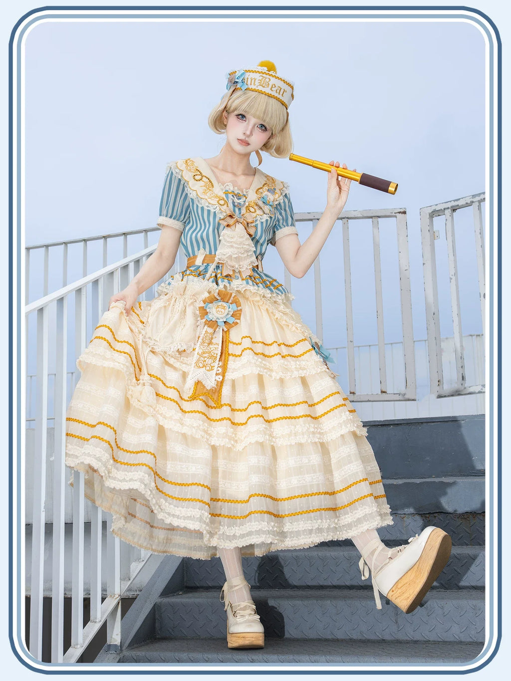 Antique Naval Bear - Striped Classic Lolita Sailor Collar OP, Bear Embroidery - image 14