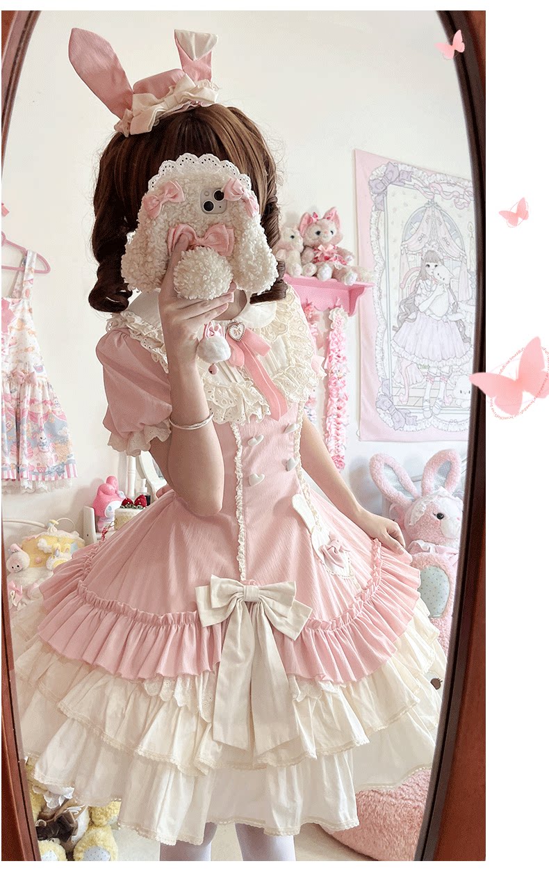 Creamy Bud - Old School Lolita OP Dress, Bunny Ear Heart Accent - image 9