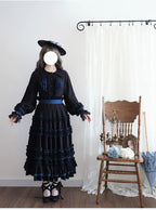 Wings and Bouquet - Dark Classic Lolita Blouse and SK Set, Layered Blue Ruffles - image 13