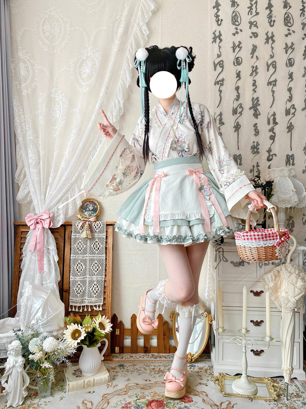 Little Herbalist - Han Lolita Skirt Outfit with Cross-collar Blouse and Apron - image 15