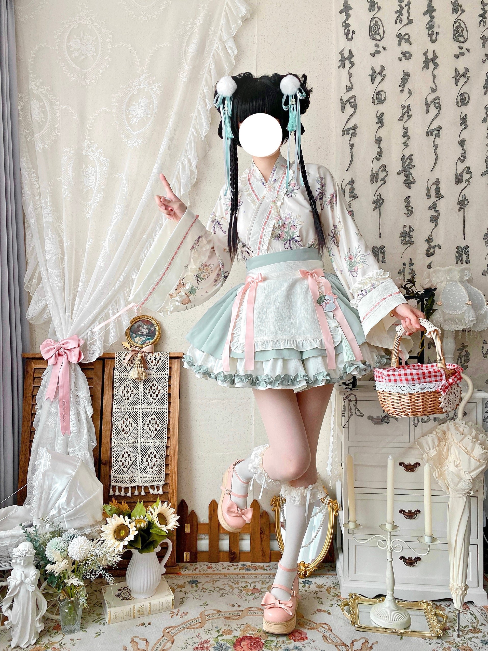 Little Herbalist - Han Lolita Skirt Outfit with Cross-collar Blouse and Apron - image 15