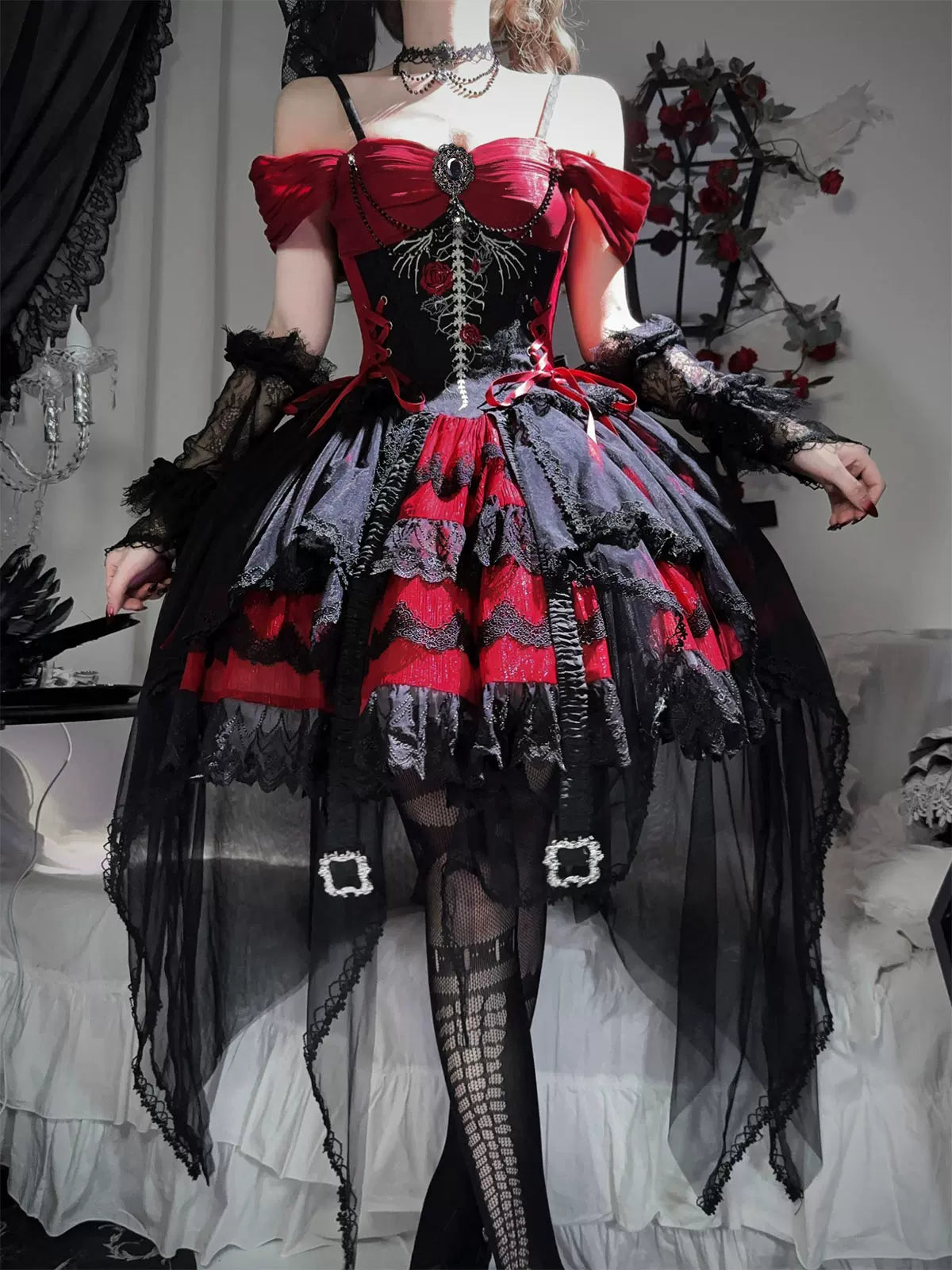 Eternal Thorn of the Dragonbone - Embroidered Gothic Lolita JSK Dress, Off-Shoulder and Accessories - image 1
