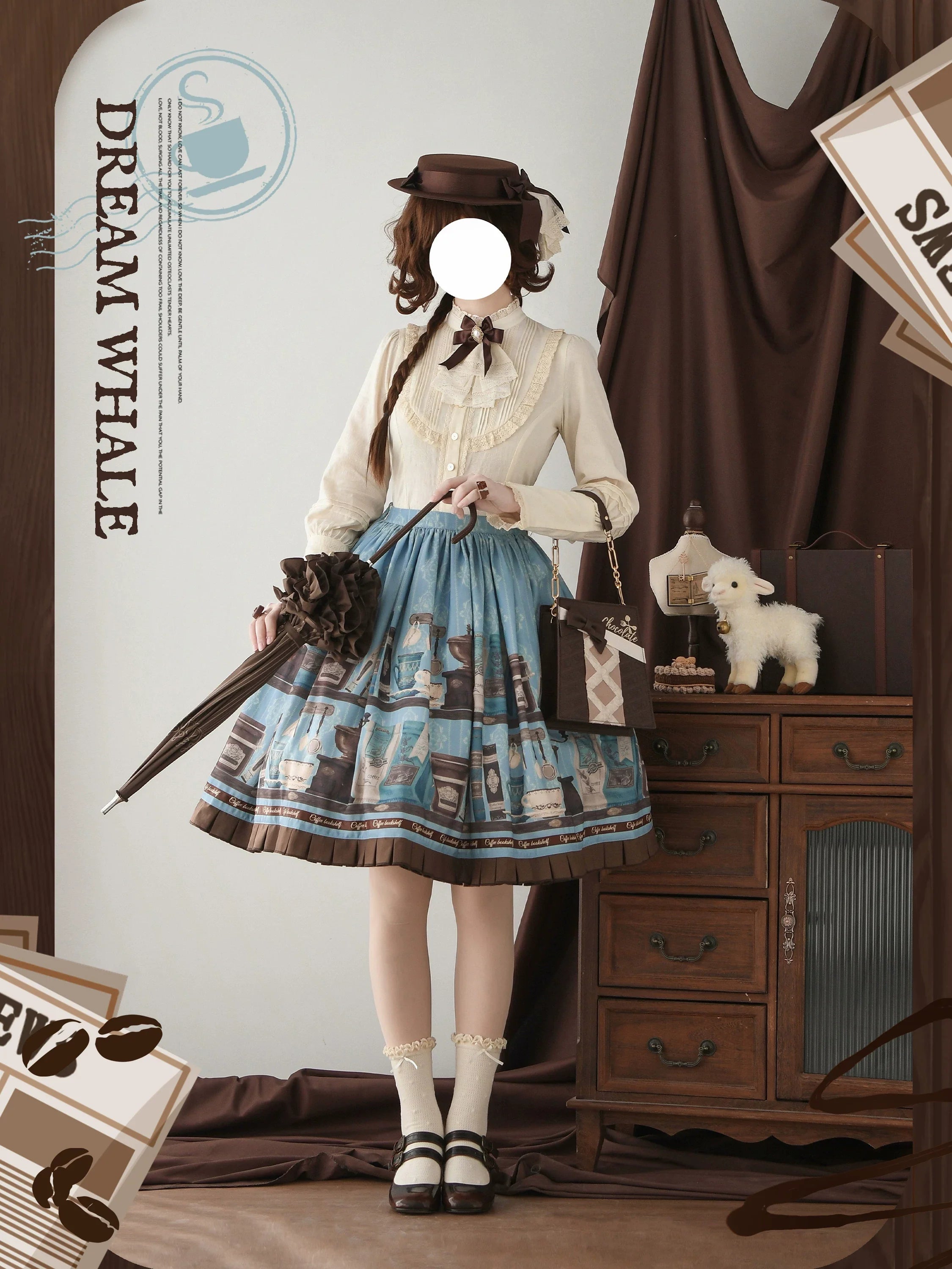 Coffee Bookshelf - Classic Lolita JSK and SK Set, Coffee Cup and Book Print - image 15
