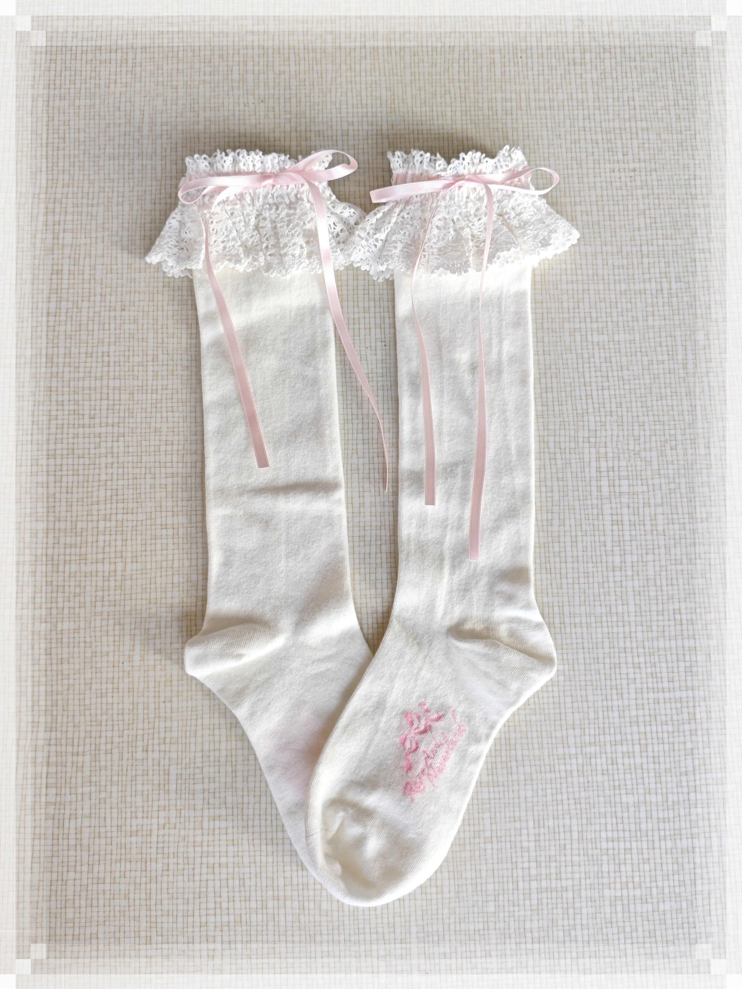 Cotton Old School Lolita White Socks with Colorful Ribbon Bows - image 20