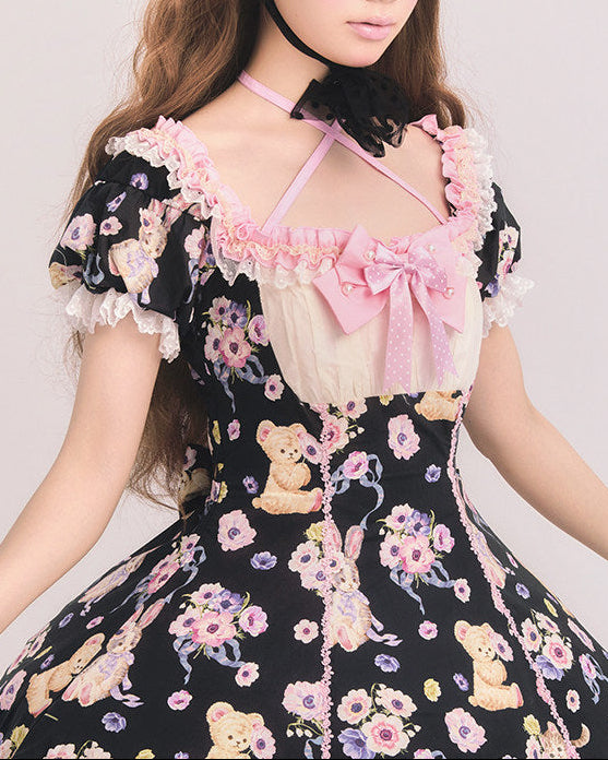 Be My Sweetheart Bear Bunny Floral Print Fitted Sweet Lolita OP Dress - image 2