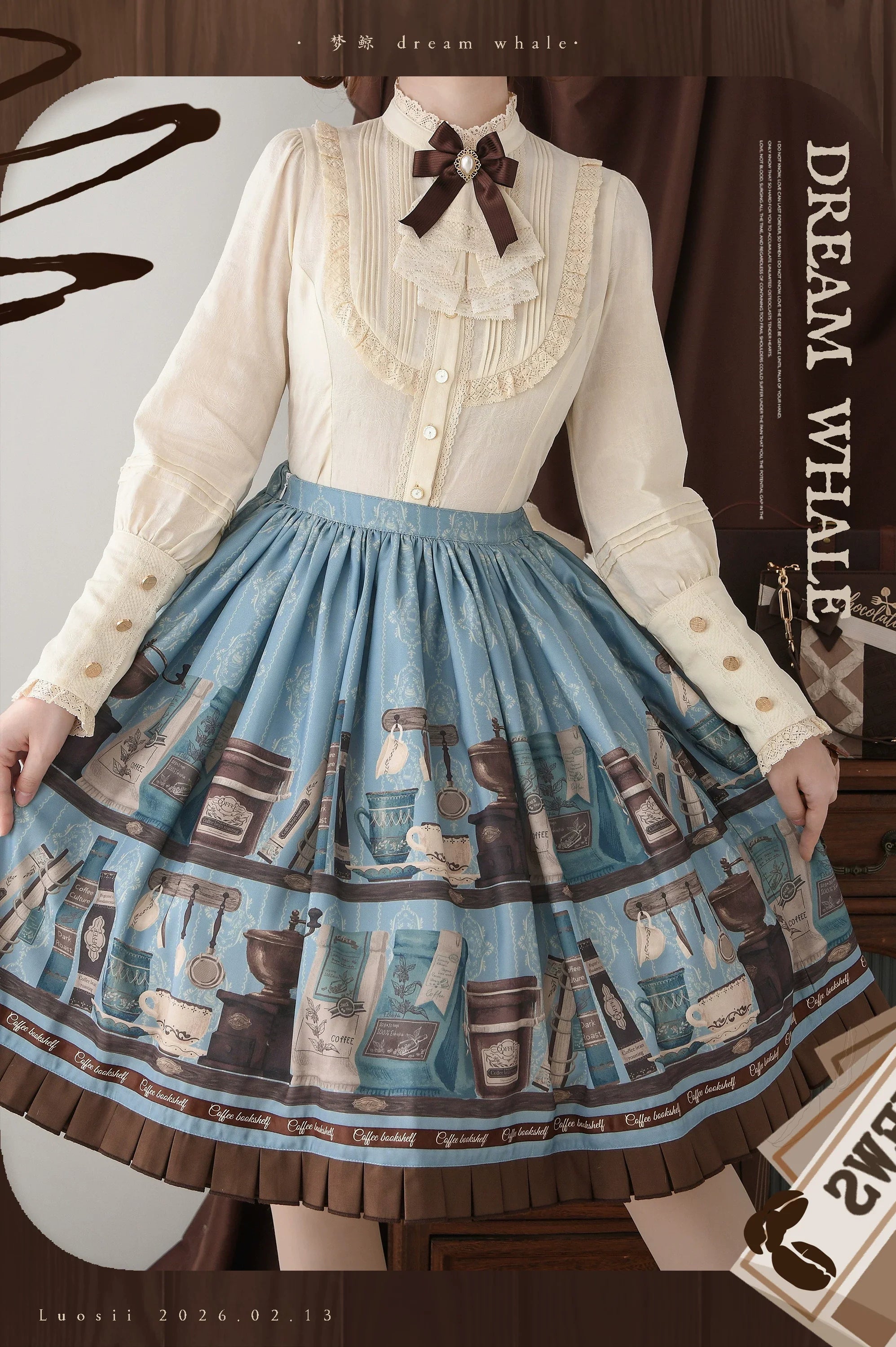 Coffee Bookshelf - Classic Lolita JSK and SK Set, Coffee Cup and Book Print - image 17
