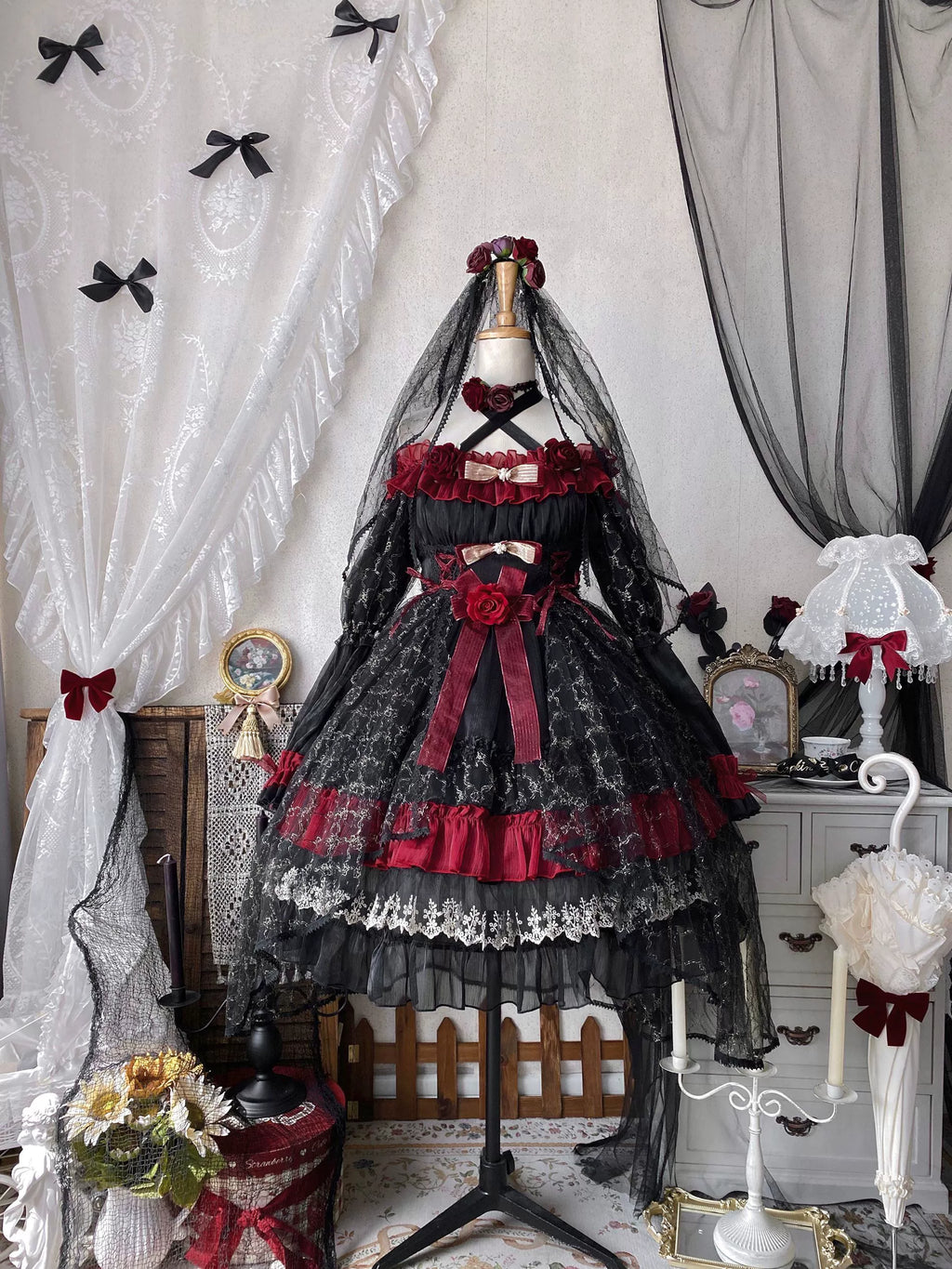 Night of Berea Gothic Lolita OP Dress in Black and Red - image 22