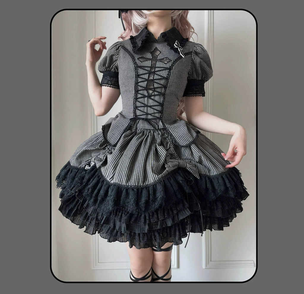 Striped Cross - Gothic Coordinated Lolita Set, Adjustable Blouse & Skirt - image 13