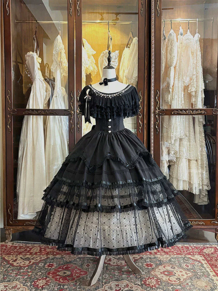Unnamed Dusk Poem - Classic Lolita OP Dress, Tulle Skirt with Cross Accent and Accessories - image 1