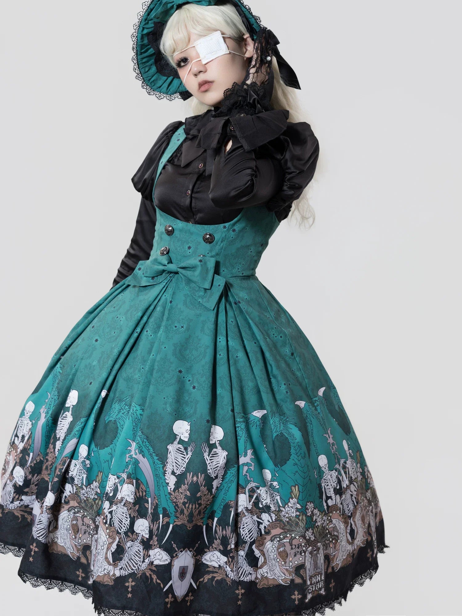 Dragon Bone Lily - Vintage Gothic Lolita Dragon & Skeleton Print JSK Dress and Accessories - image 31