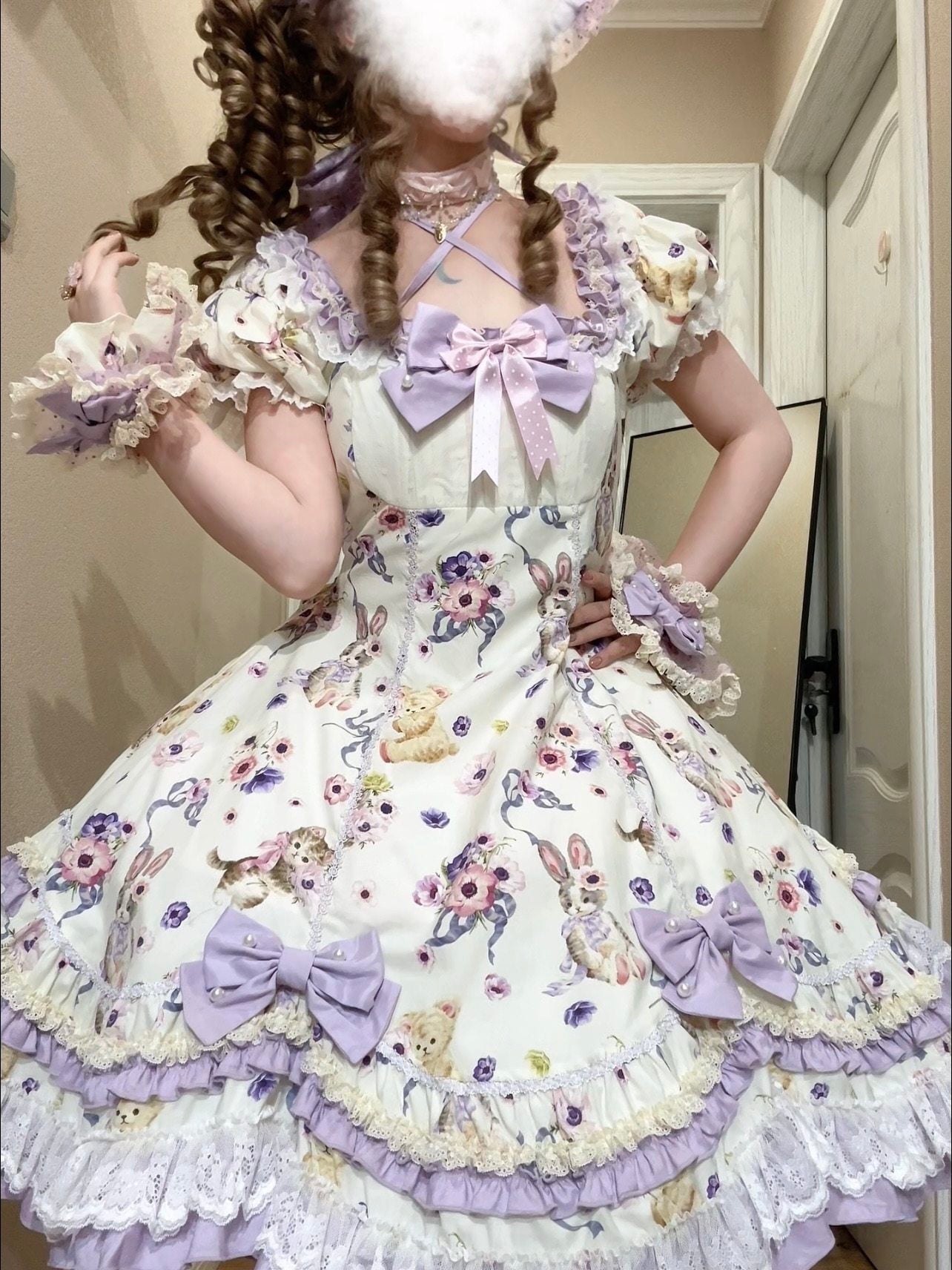Be My Sweetheart Bear Bunny Floral Print Fitted Sweet Lolita OP Dress - image 7