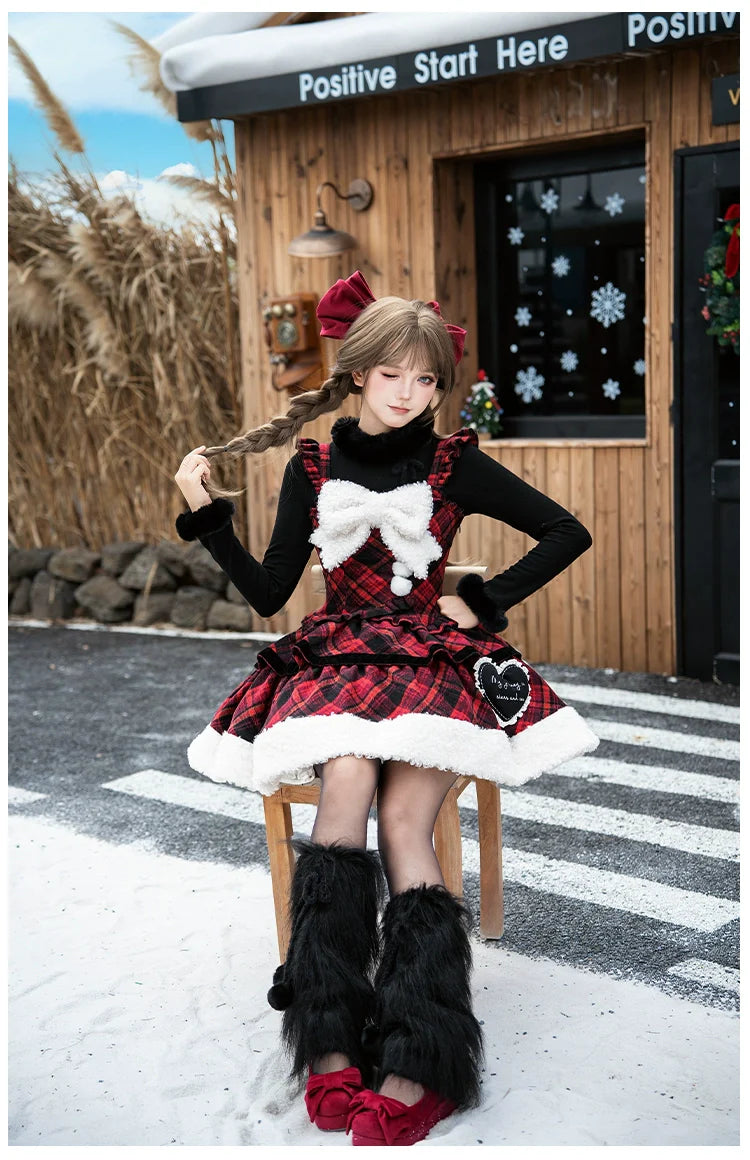 Snow Night Serenade - Fluffy Plaid Kawaii Lolita JSK, Reversible Cape and Accessories - image 10