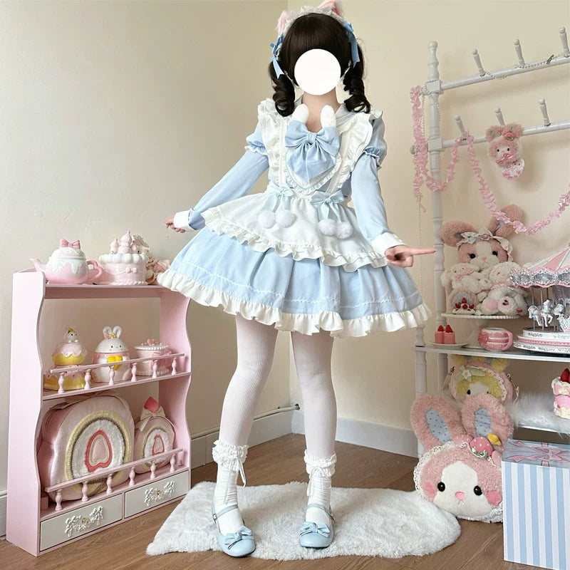 Sweet Bunny Pom-pom - Maid Lolita Bunny Ear Collar OP Dress, Detachable Apron and Accessories - image 12