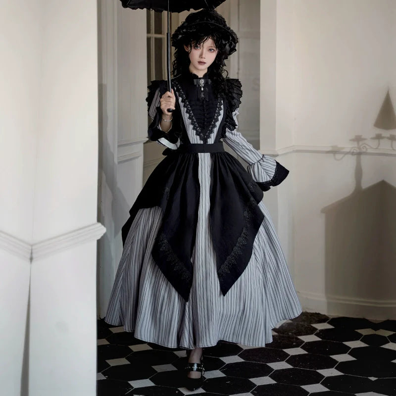 Nocturne SP - Striped Gothic Lolita OP Twin Lolita Dress with Apron and Accessories - image 17