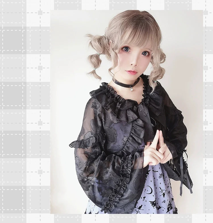 Xianbei - Sweet Lolita Chiffon Lantern Sleeve Cardigan with Bow - image 15