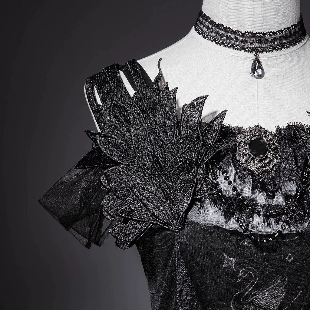 Star Swan Dream - Black Gothic Lolita JSK Dress, Swan Embroidery - image 21