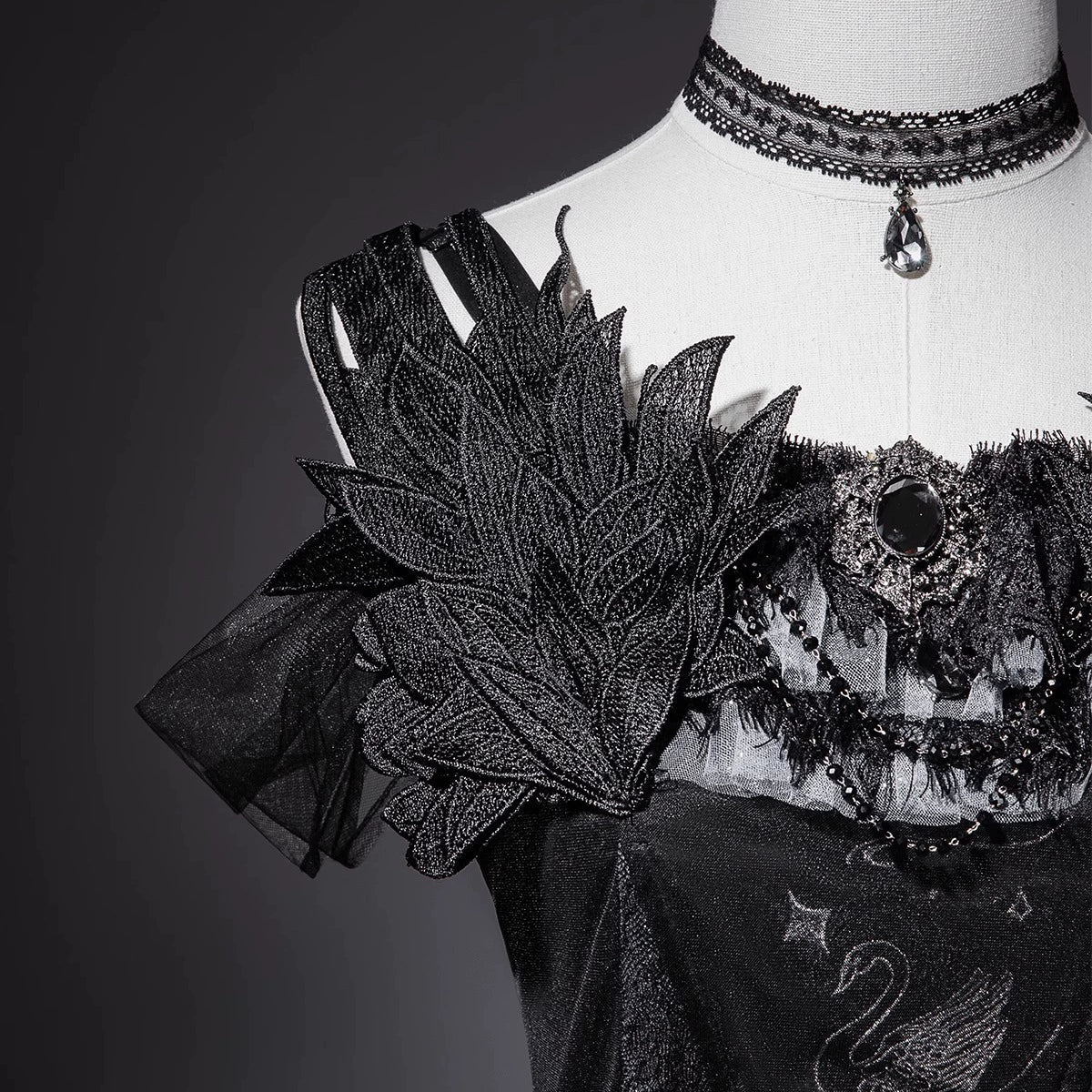 Star Swan Dream - Black Gothic Lolita JSK Dress, Swan Embroidery - image 21