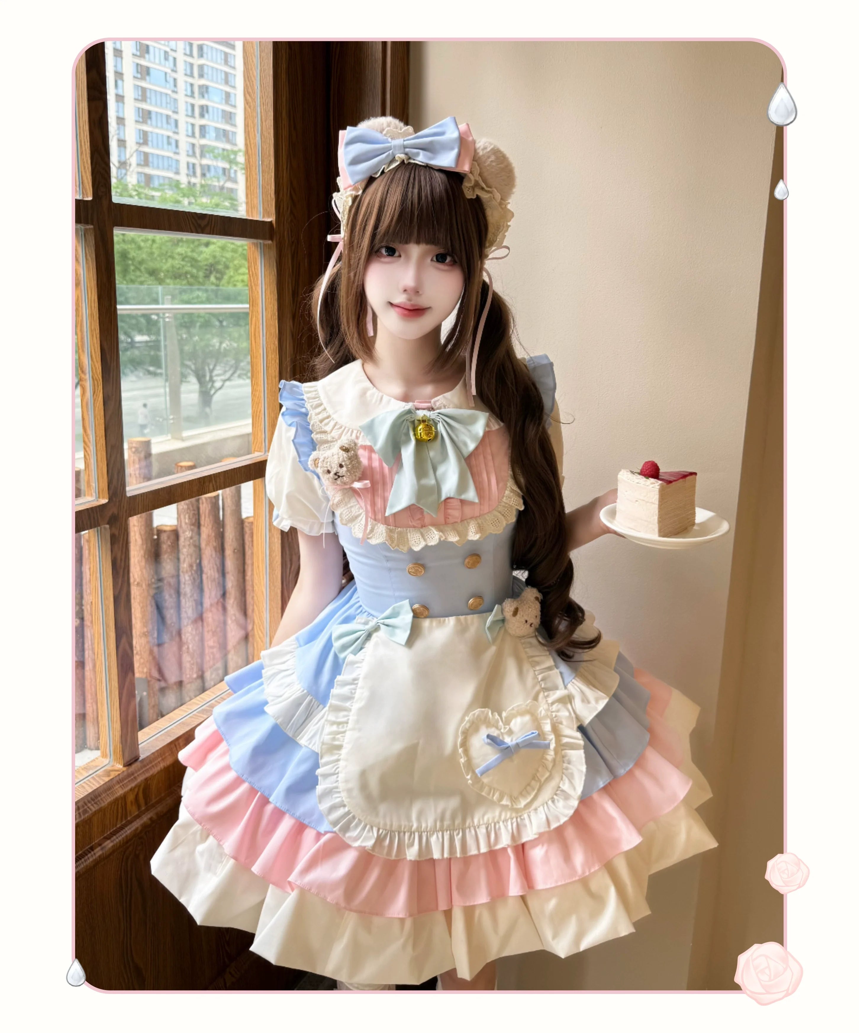 Cream Puff - Sweet Lolita Apron OP Dress, Bunny & Bear Details - image 2