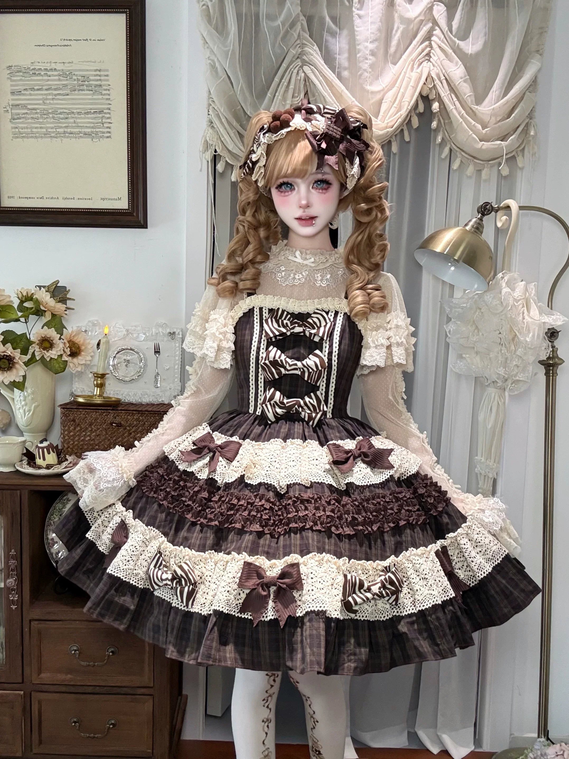 Coco Grace - Plaid Kawaii Lolita JSK Dress, Layered Ruffle & Bow and Accessories - image 1
