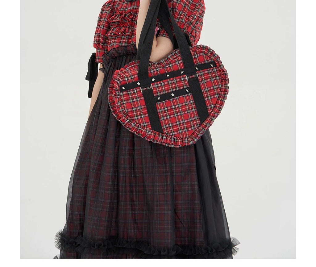 Vintage Lolita Heart Shaped Plaid Dot Print JK Uniform Bag - image 22
