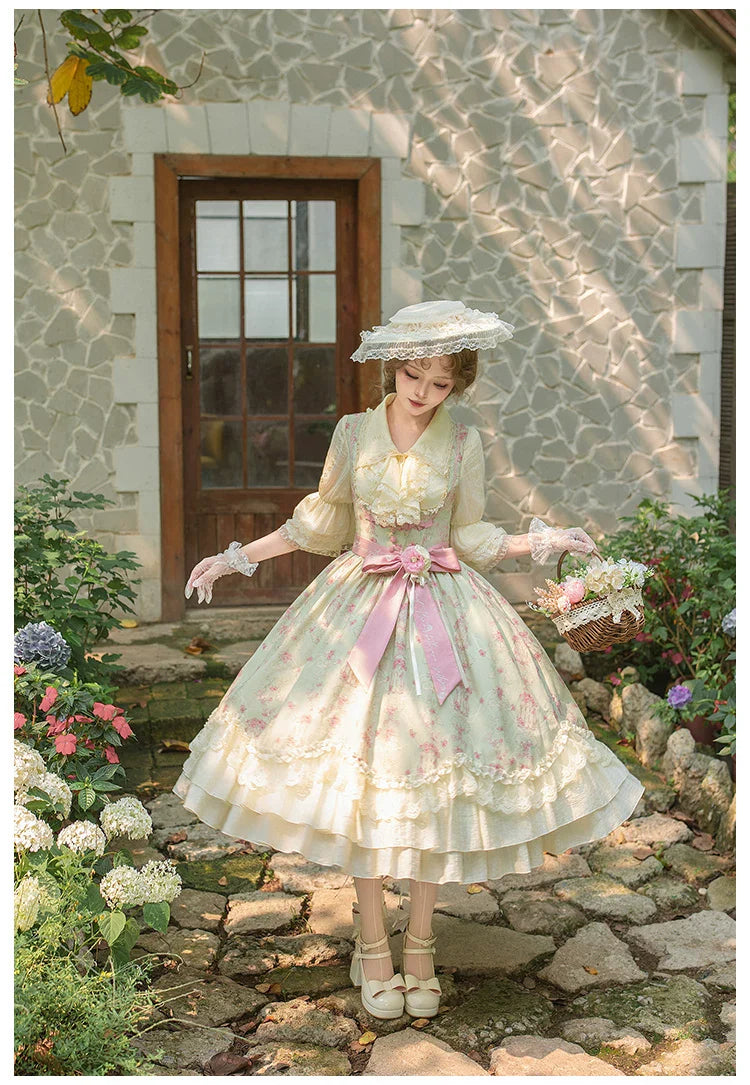 Wind Swept Roses - Classic Lolita Rose Printed Dress Set, Petal Hem - image 18