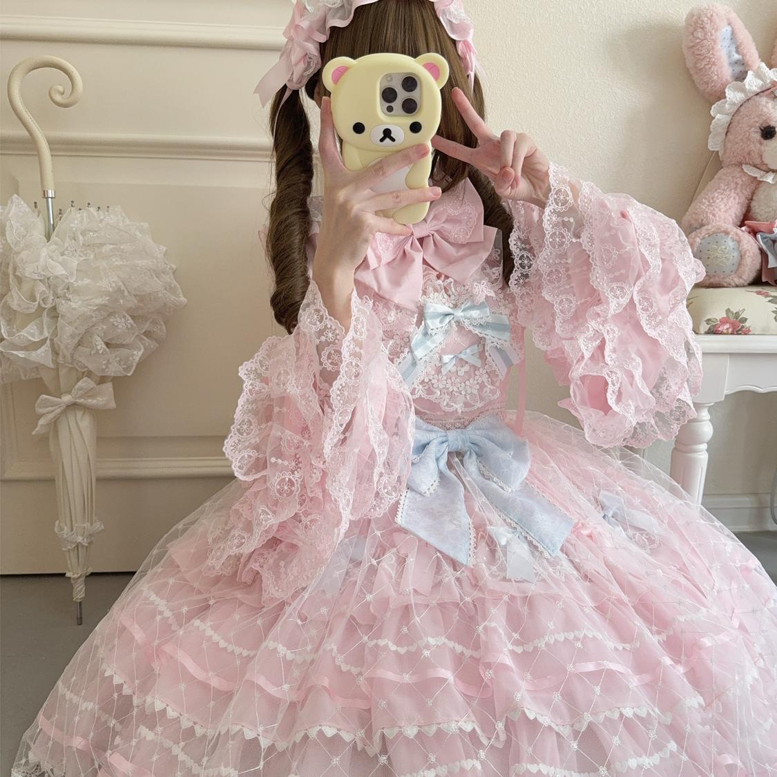 Spring Awakening - Sweet Lolita JSK and Princess-Sleeved Shirt with Lace Detail and Accessories - image 6