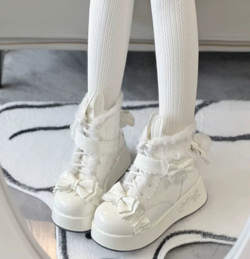 Bunny Tail - Fuzzy Kawaii Lolita Snow Boots, Detachable Plush Bow - image 1