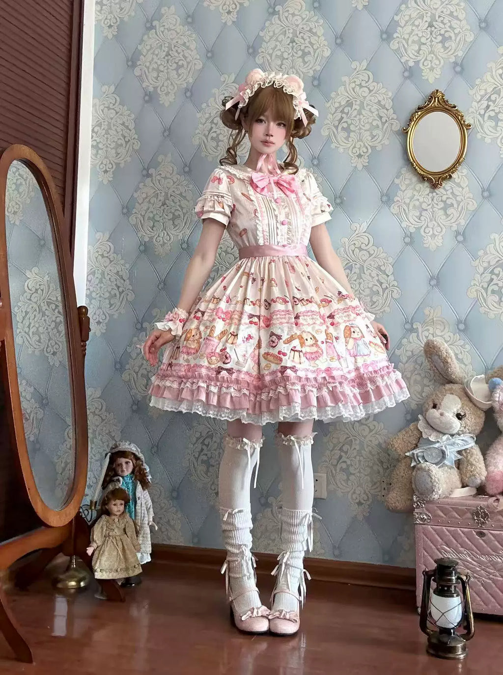Full Sugar Bakery - Sweet Lolita Puppy Dessert Print OP Dress with Bows and Accessories - image 2