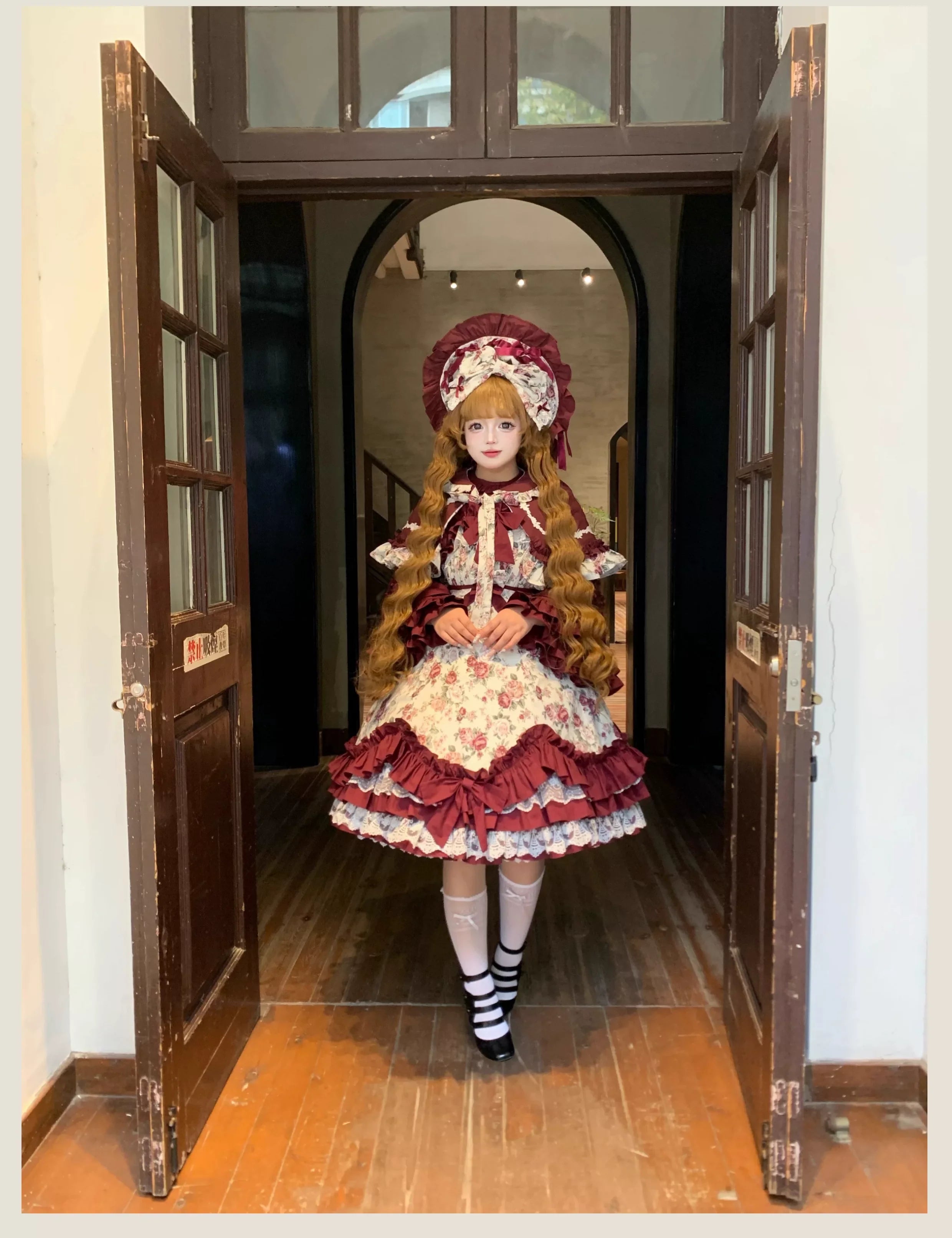 Burgundy Rose - Floral Printed Old School Lolita JSK, Elegant Cape and Accessories - image 5