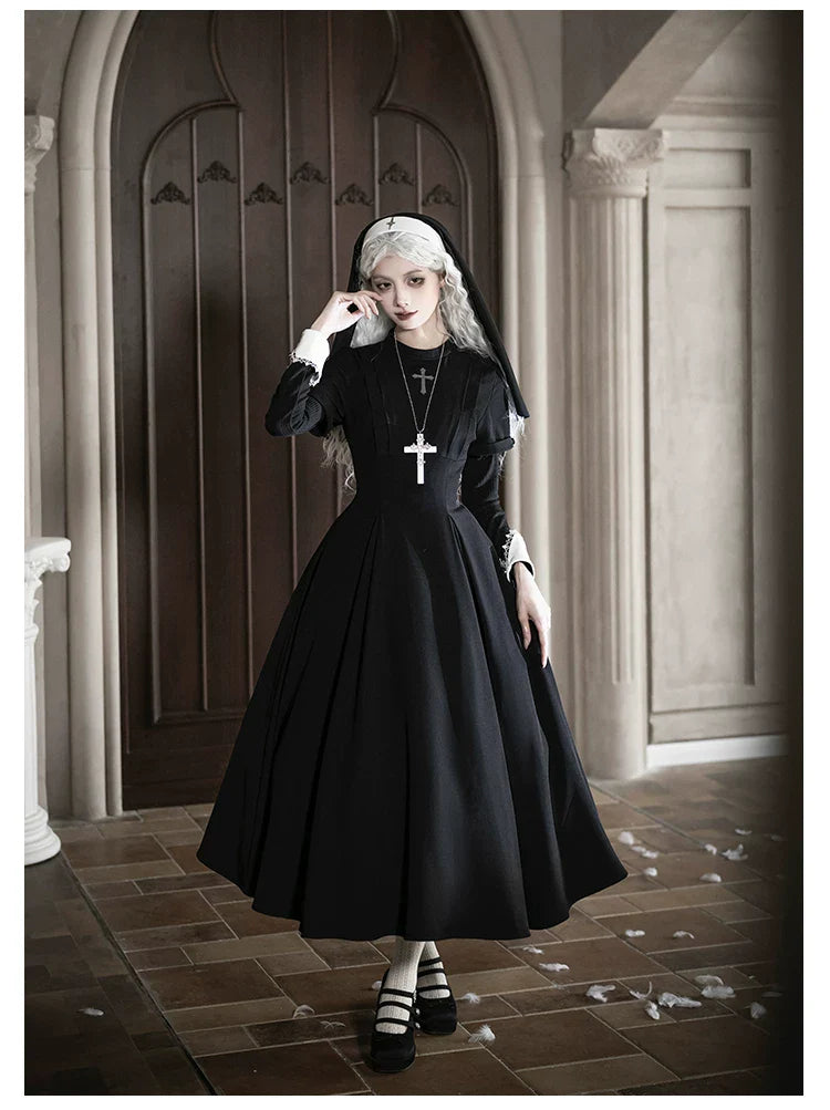 Nihil - Gothic Nun Lolita OP Dress, Irregular Hem Cape and Accessories - image 5