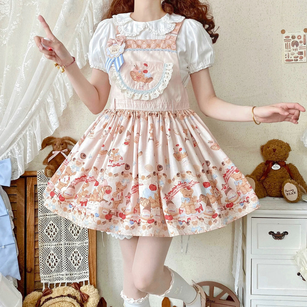 Little Bear Bonny - Kawaii Lolita Salopette, Bear & Dessert Print - image 14