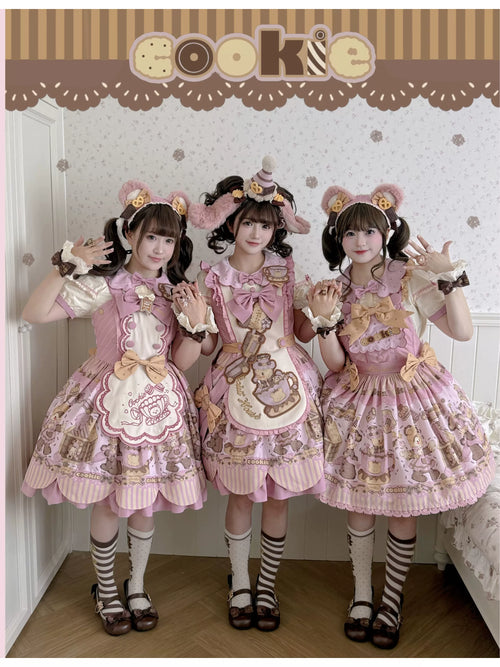 Bear Biscuit SP - Kawaii Lolita Bear Printed Dress Set with Bows - image 1