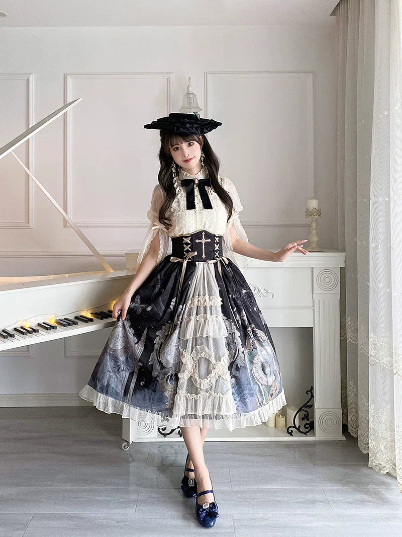 Clock Butterfly - Gothic Lolita Printed Blouse and Corset Skirt Set - image 31