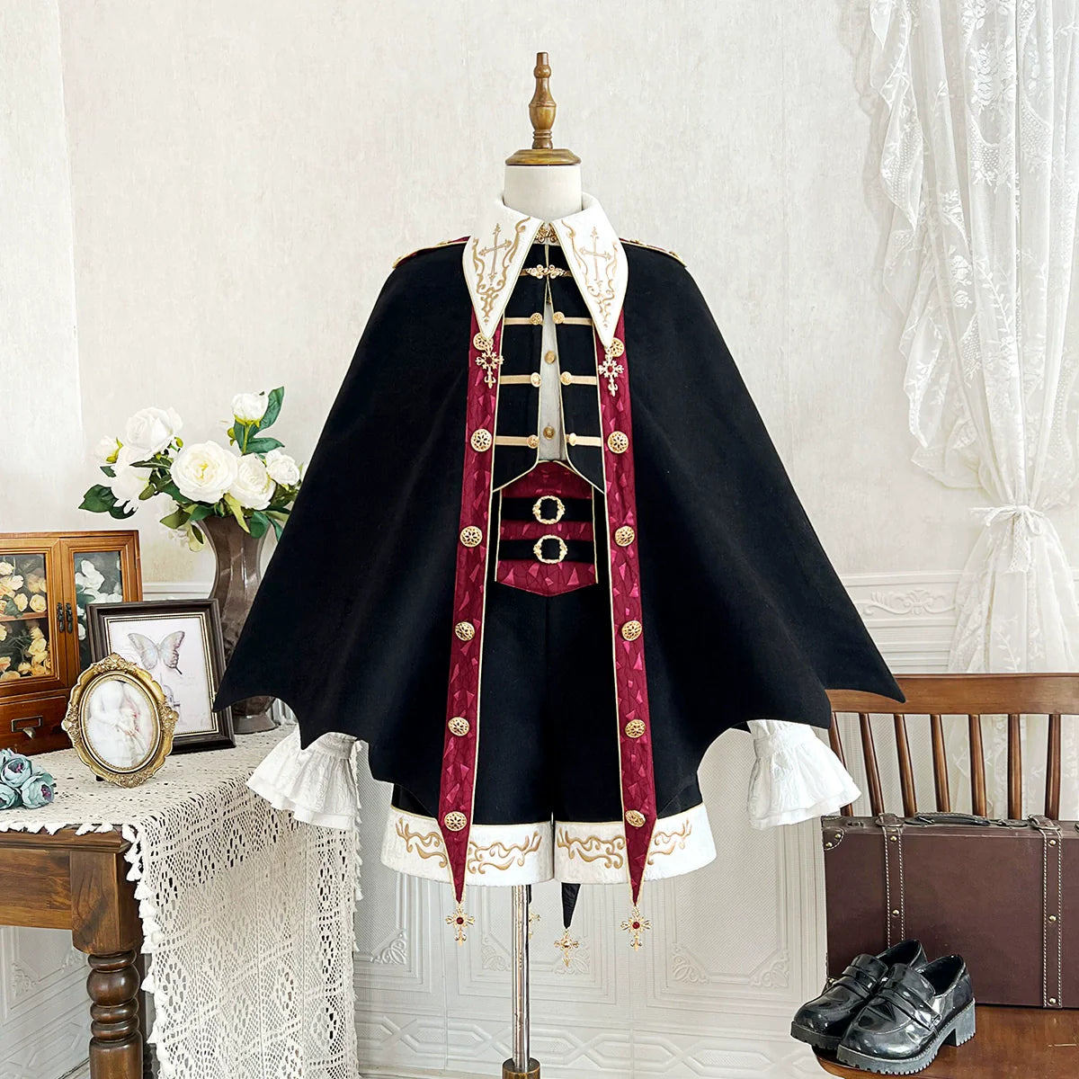 Vampire Youth - Ouji Lolita Bat Shaped Cape Set, Gold Embroidery & Red Accents - image 1