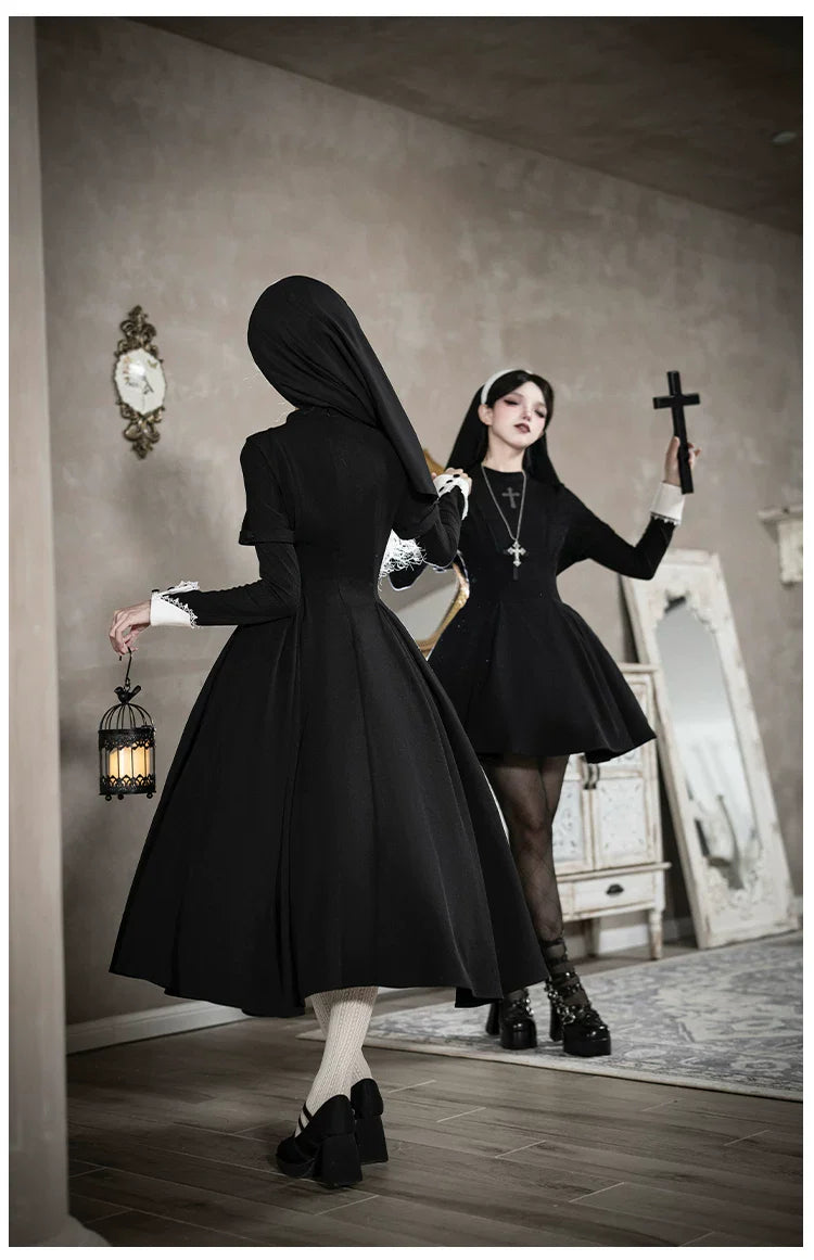 Nihil - Gothic Nun Lolita OP Dress, Irregular Hem Cape and Accessories - image 15