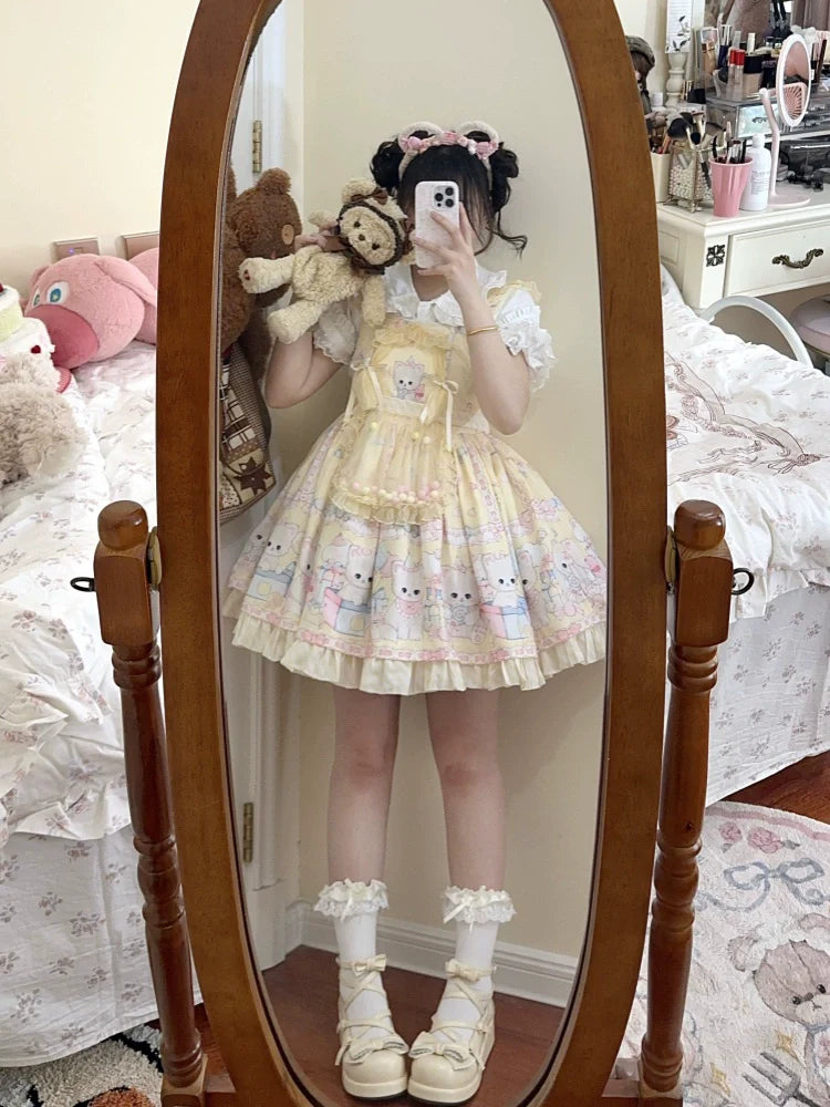 Meow Pompom - Sweet Lolita Salopette Dress Suit, Cat Print - image 10