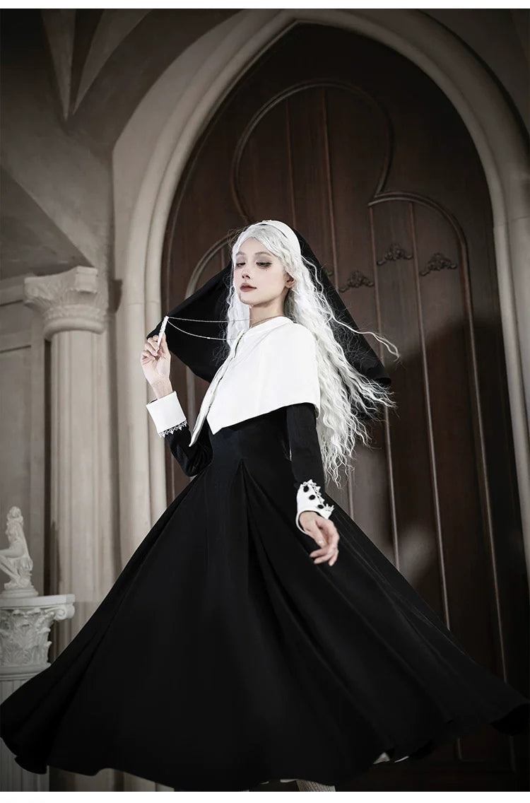 Nihil - Gothic Nun Lolita OP Dress, Irregular Hem Cape and Accessories - image 39