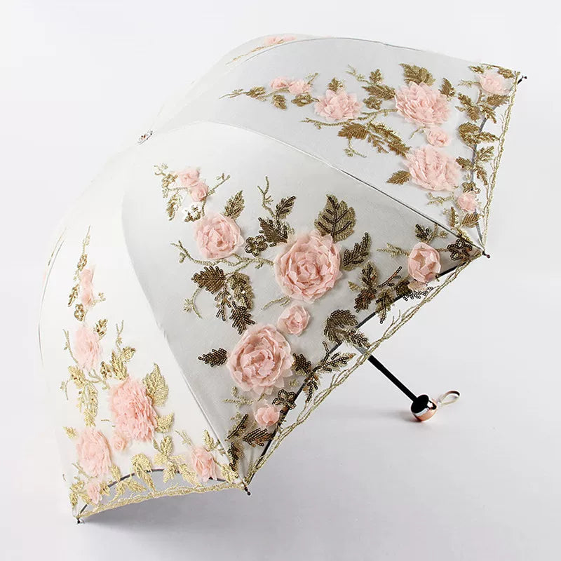 Foldable Lolita Parasol, Floral and Embroidery Detail - image 4