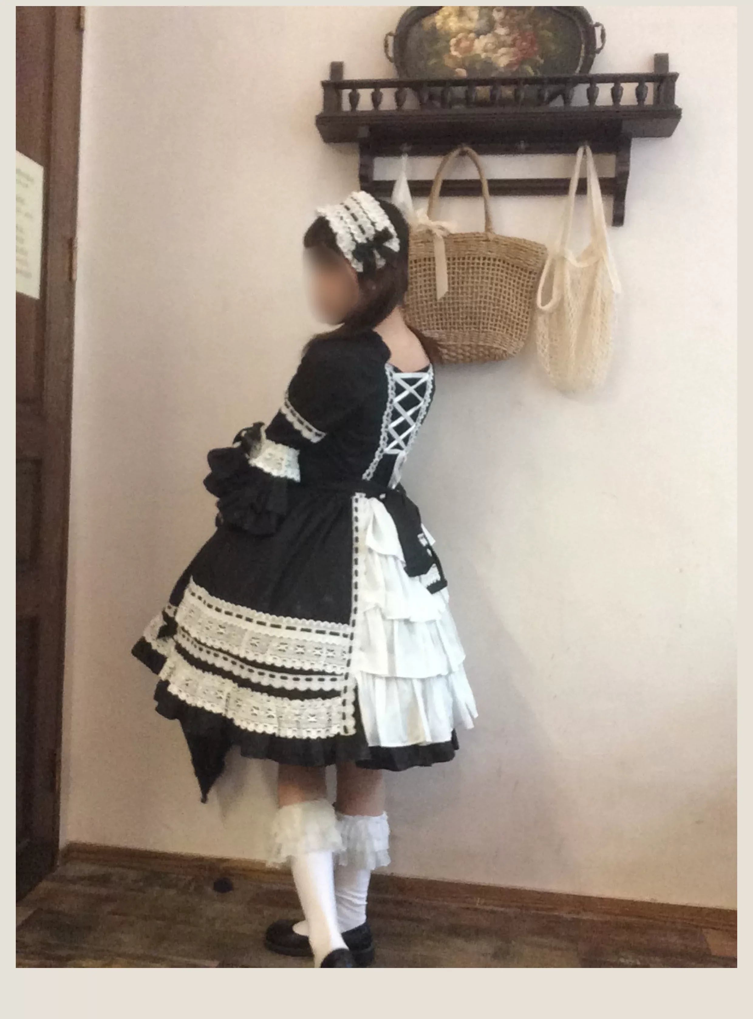 First Otome Black Old School Lolita OP Dress, Lace Details - image 8