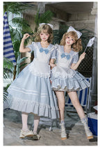 Seven-Day Bell - Blue Classic Lolita Striped OP Dress, Sailor Collar - image 1