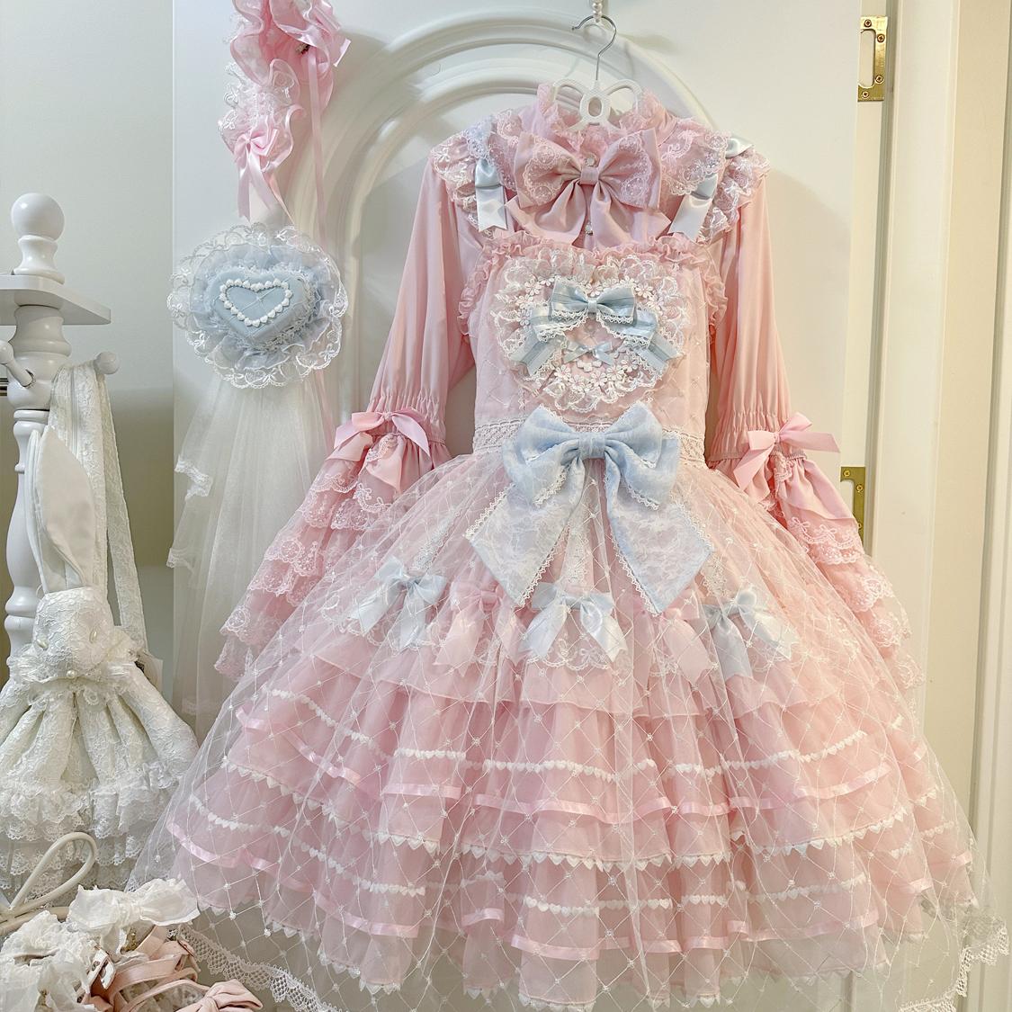 Spring Awakening - Sweet Lolita JSK and Princess-Sleeved Shirt with Lace Detail and Accessories - image 12