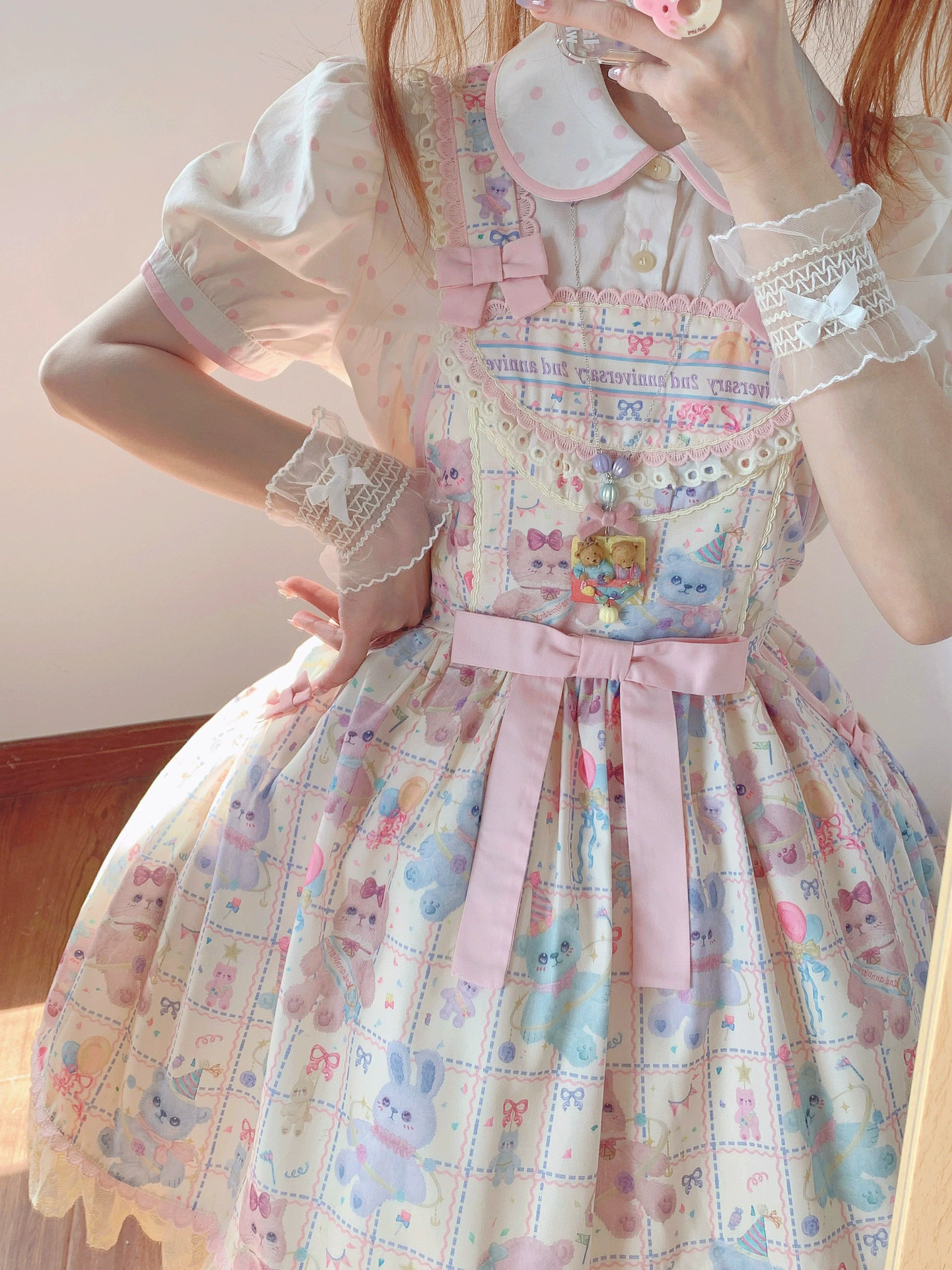 Starry Pudding Bear - Sweet Lolita JSK and Printed OP Dress - image 4