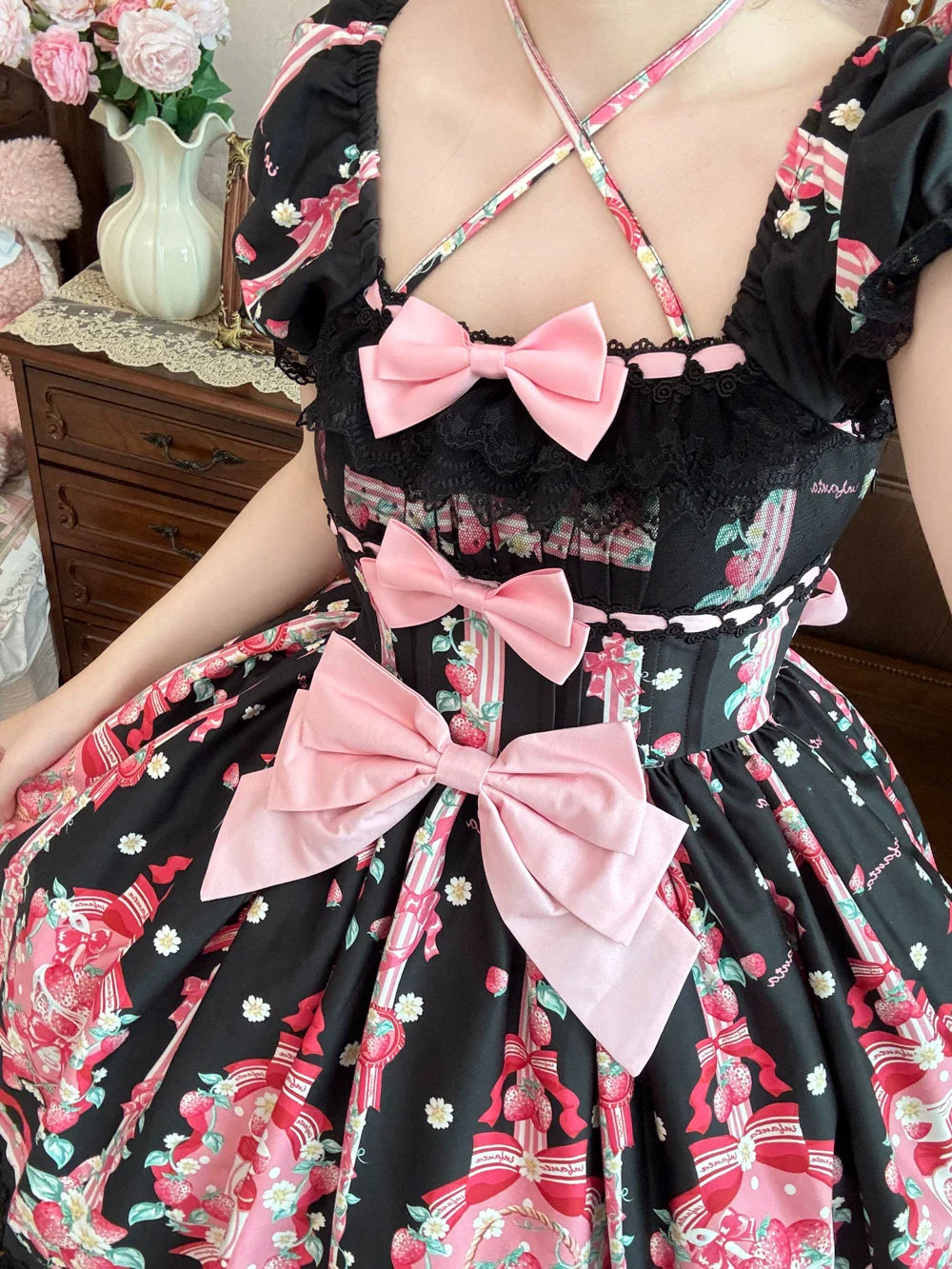 Strawberry Chef - Printed Old School Lolita OP and Accessories - image 13