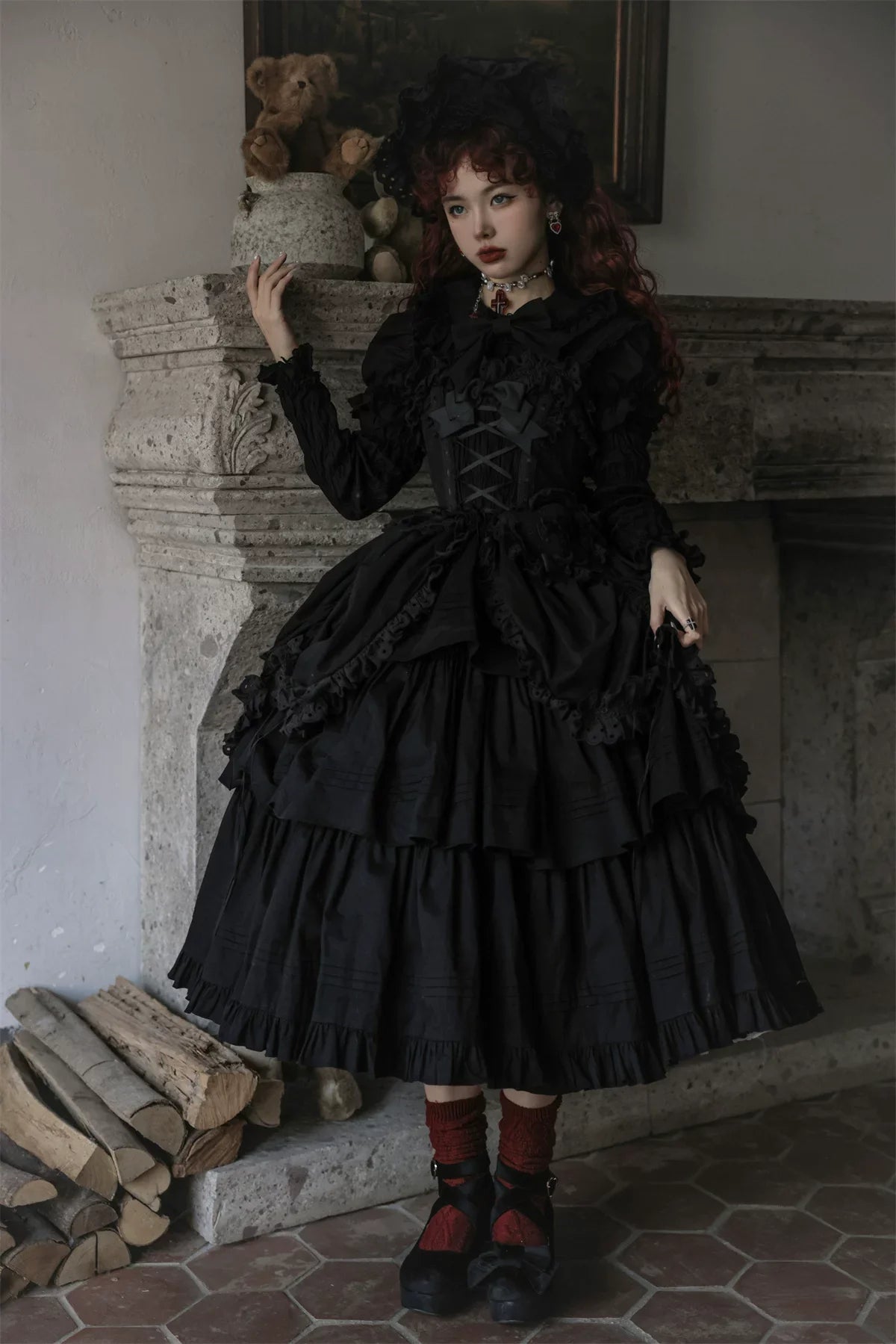 Cotton Gothic Lolita Long JSK, Drawn-up Hem - image 64