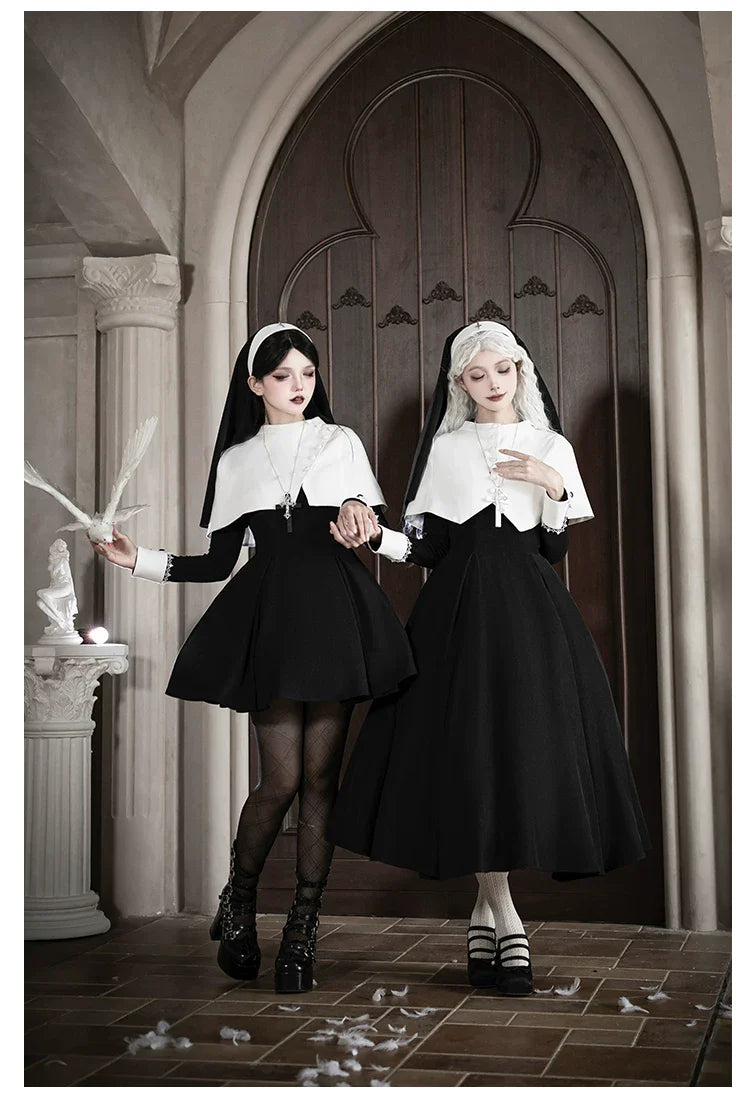 Nihil - Gothic Nun Lolita OP Dress, Irregular Hem Cape and Accessories - image 13
