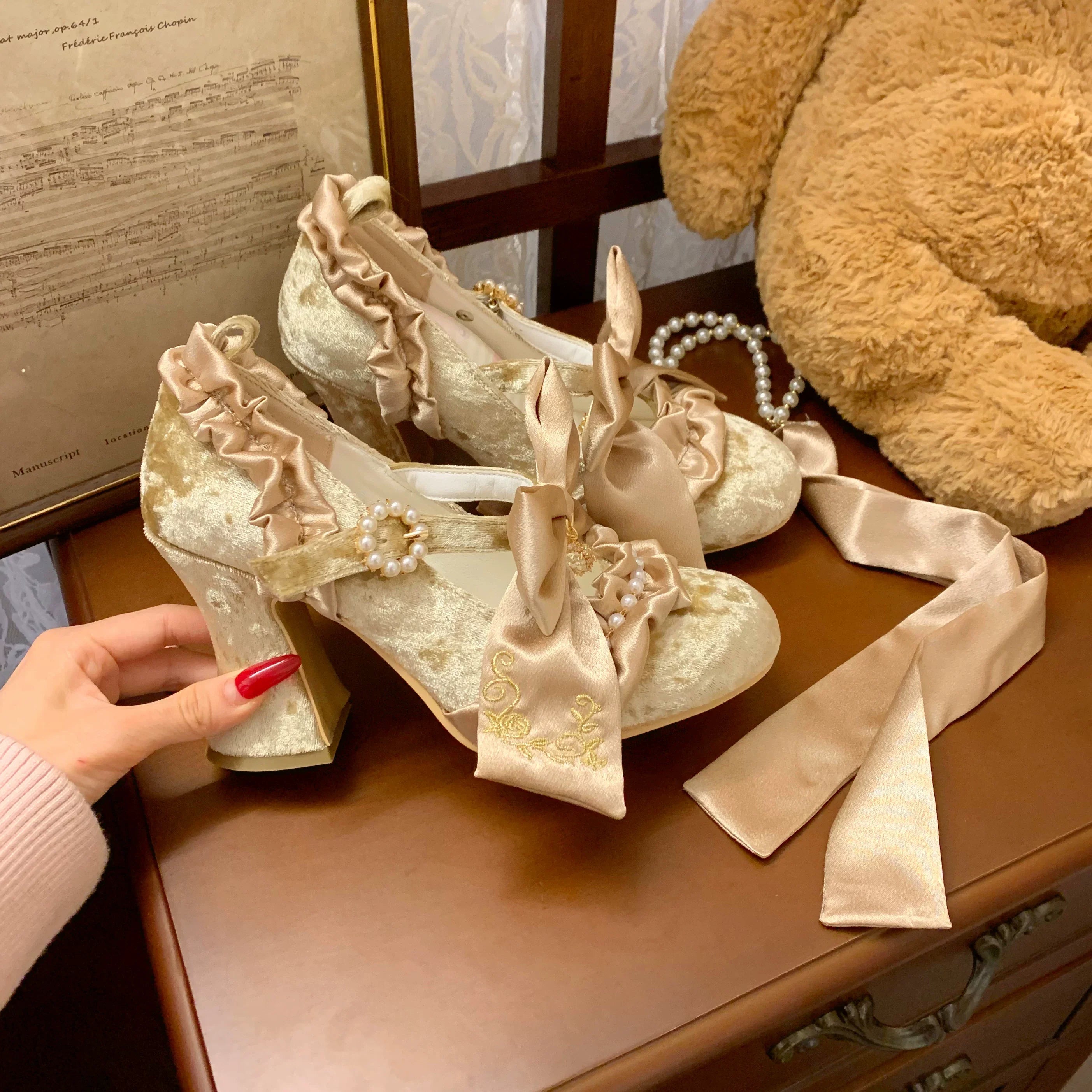 Ribbon Anthem - Wedding Classic Lolita Heels with Detachable Bow and Pearl Ribbon - image 7