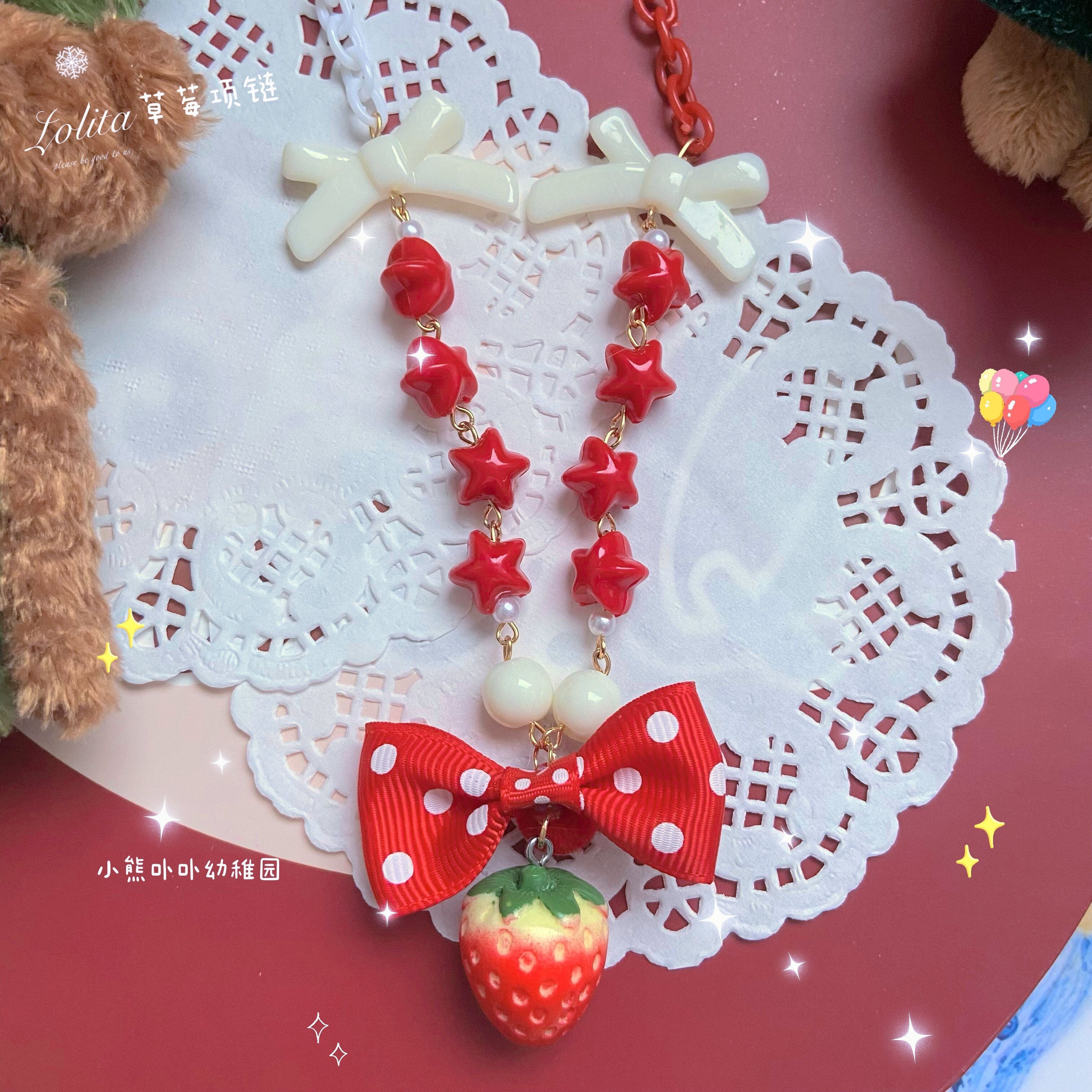 Sweet Lolita Strawberry Necklace Red Polka Dot Bow - image 7